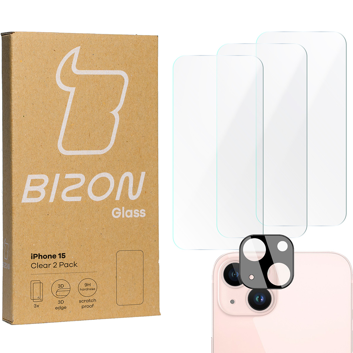 Szkło hartowane Bizon Glass Clear - 3 szt. + obiektyw, iPhone 15